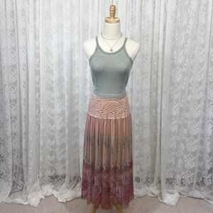 Y2K Boho Paisley Print Maxi Skirt Women's Small Festival Gypsy Lace Trim